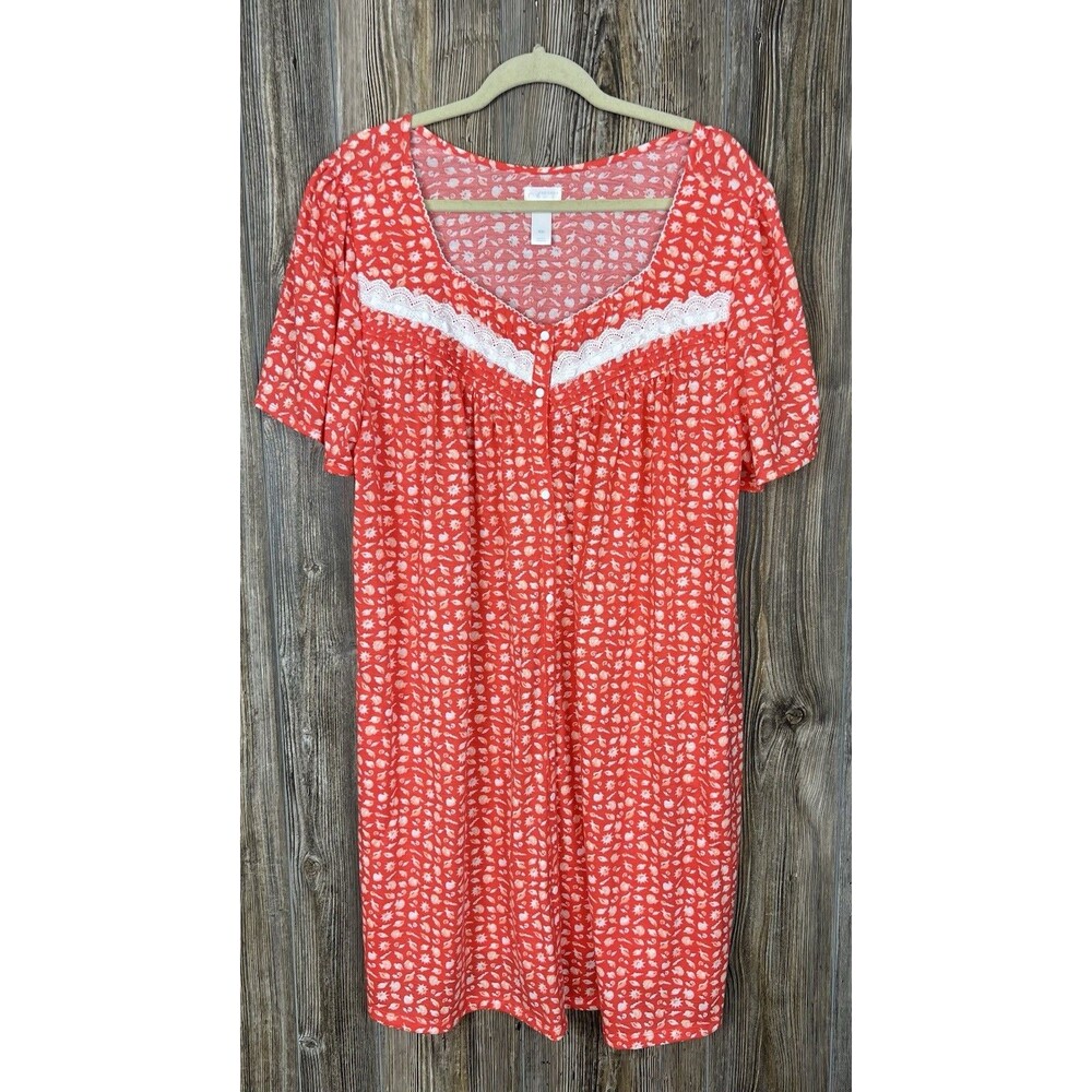 Adonna Nightgown Pajamas Womens 2XL‎ Orange Seashell Print Lace Trim Knee Length